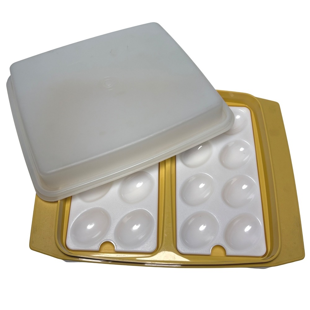 Vintage Tupperware Deviled Egg Carrier Yellow Gold Tray‎ Lid Removable Inserts